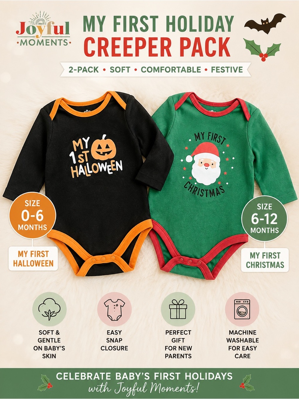 2-Pack Baby Holiday One-Piece Set - Black & Green